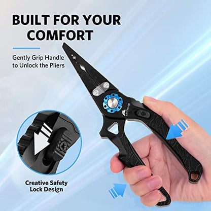 Saltwater Fishing Pliers, Split Ring Pliers for Fishing with Safety Lock, Fish Pliers with Sheath and Lanyard, Fishing Gifts for Men - color: C-black
