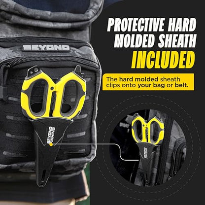 Beyond Fishing 6.5" Pro Fishing Shears Dual Serrated Blades, Fishing Braided Line Scissors with Titanium Coating, Non-Slip Grip & Multifunction Tool, Includes Hard Molded Locking Sheath - color: Omnipro - Black and Yellow
