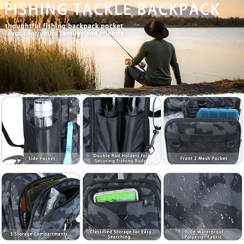 Fishing Backpack with Tackle Boxes and Rod Holder, 24L Fishing Sling Bag with Fishing Lures Kit, Fishing Gear Bag Gifts for Men Women - Black Camo Backpack - color: Black Camo Backpack
