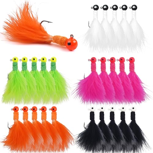 Shaddock Fishing Marabou Jig Heads Kit, 25pcs Crappie Lures Hair Jigs Round Ball Head Hooks Feather Baits for Bass Sunfish Trout Walleye Panfish 1/8oz 1/16oz 1/32oz - size: 25pcs-1/8oz