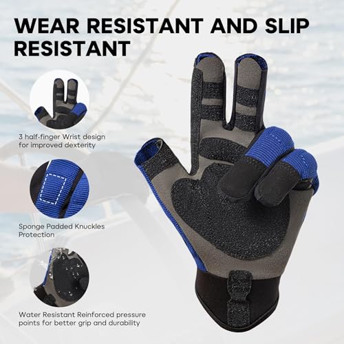 FitsT4 Sports Sailing Gloves Padded Palm Glove 3 Finger Water Resistant Moisture Wicking - color: blue, size: X-Large