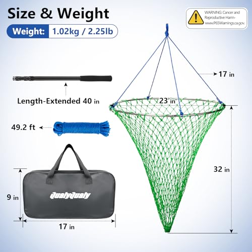 QualyQualy Foldable Pier Fishing Net 23" with Rust-Proof Stainless Steel Ring & Heavy-Duty Poly Mesh | Saltwater & Freshwater Landing Net for Kayak, Bridge Fishing Lightweight Durable Design - color: Green