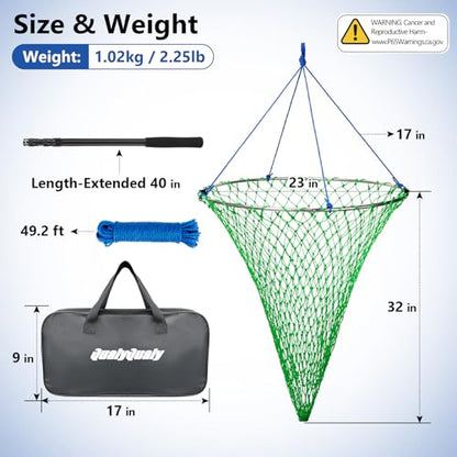 QualyQualy Foldable Pier Fishing Net 23" with Rust-Proof Stainless Steel Ring & Heavy-Duty Poly Mesh | Saltwater & Freshwater Landing Net for Kayak, Bridge Fishing Lightweight Durable Design - color: Green
