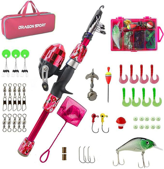 Kids Fishing Pole Spincast Youth Fishing Pole Tackle Box - with Net,Travel Bag,Rod and Reel Kit for Boys and Girls, Youth or Beginner’s - color: Pink