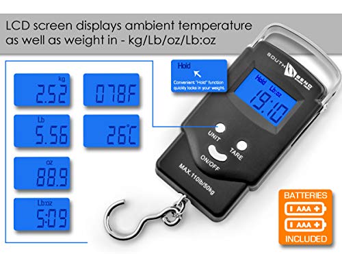 South Bend Digital Hanging Fishing Scale and Tape Measure with Backlit LCD Display, 110lb/50kg Weight Capacity (Batteries Included)
