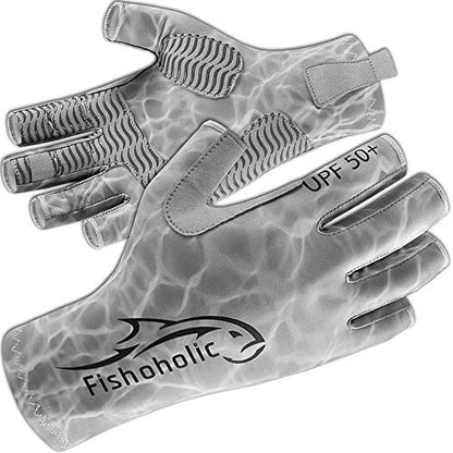 Fishoholic UPF50+ Fingerless Fishing Gloves - Sticky Grip Sun Protection Glove - Kayaking Paddling or Rowing - color: Grey H2O Camo, size: XXL / XXXL