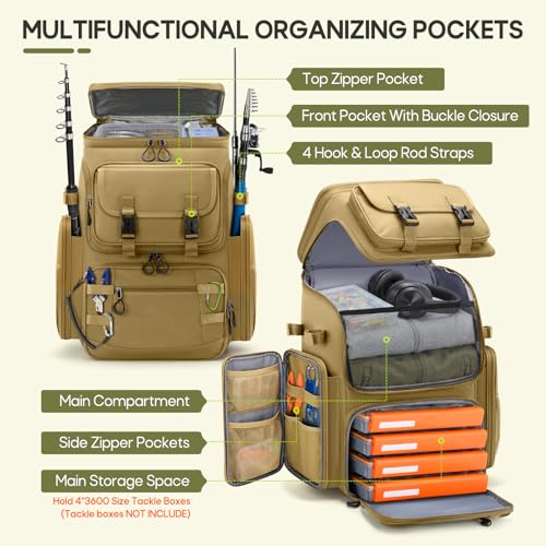 RAINSMORE Fishing Backpack, 45L Large Water-resistant Fishing Tackle Bag | with 4 Rod Holders & Insulated Cooler & Rain Cover Professional 900D Oxford Tackle Backpack for Men Gift Khaki - color: Khaki