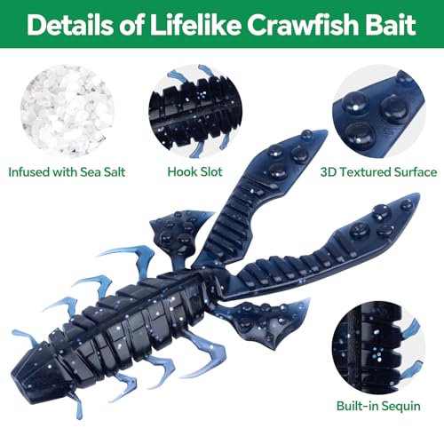 Crawfish Lure 5.5", Soft Plastic Crawdad Creature Bait with Rattles, Weedless Bass Fishing Lure, Realistic Fishing Lures for Freshwater & Saltwater, 3 Pack Red Green Blue - color: Blue