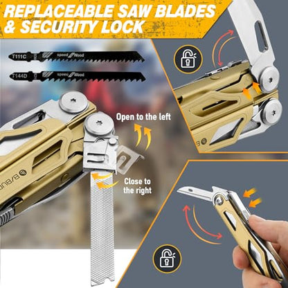 BIBURY Multitool Pliers Pro BI2045, 31-in-1 Stainless Steel Multi Tool with Replaceable Wire Cutters and Saw, Foldable Heavy-duty Multitool Set with Scissors and Screwdriver for Hiking Camping Repair - color: Golden