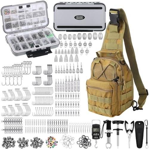 397 Pcs Fishing Accessories Kit Tools Include Backpack Fishing Tackle Box with Hooks Weights Sinkers Spinner Blade Gear - color: Khaki, size: Simple Style