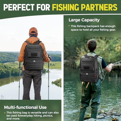 MATEIN Fishing Backpack Tackle Box, Tackle Backpack with Cooler for Men | Tackle Box Backpack, Fishing Bag with Rod Holders, Hold 4 3600 Tackle Boxes, Water Resistant, Gear Accessories, Fishing Gifts - color: Black