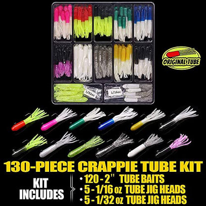 Crappie Jigs Kit with Tube Baits, 120pcs Soft Plastic Crappie Lures (12 Colors) & 10 Jig Heads for Panfish & Trout Fishing - color: Classic Crappie Tube Kit 130-Piece