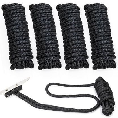 4 Pack 1/2" x 20' Boat Dock Lines, Improved Double Braided Nylon Boat Ropes for Docking with 12" Loop,Hurricane-Resistant Grade Marine Rope for Sailboats,Pontoons,Fishing Boats,Black - size: 1/2" x 20' (Pack of 4)