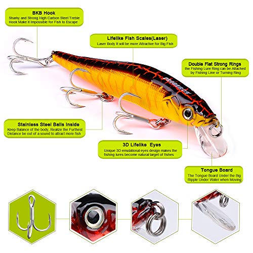 PROBEROS Minnow Bass Fishing Lures - Jerkbait Sinking Lure Set Hard Baits Crankbait for Trout Catfish Musky Bluegill Fishing Topwater Lures Plug 6Pcs/kit - color: 403-4.7inch/0.5oz-6pcs