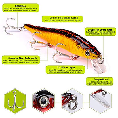PROBEROS Minnow Bass Fishing Lures - Jerkbait Sinking Lure Set Hard Baits Crankbait for Trout Catfish Musky Bluegill Fishing Topwater Lures Plug 6Pcs/kit - color: 403-4.7inch/0.5oz-6pcs