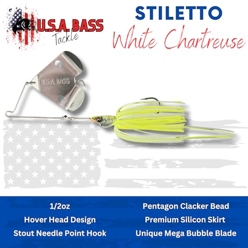 USA BASS Tackle Stiletto Buzzbait Largemouth Smallmouth Spotted Bass Premium Fishing Bait Hover Head Custom Silicon Skirt Mega Bubble Blade Clacker Heavy Duty Hook - color: White Chartreuse