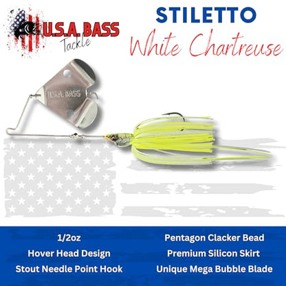 USA BASS Tackle Stiletto Buzzbait Largemouth Smallmouth Spotted Bass Premium Fishing Bait Hover Head Custom Silicon Skirt Mega Bubble Blade Clacker Heavy Duty Hook - color: White Chartreuse