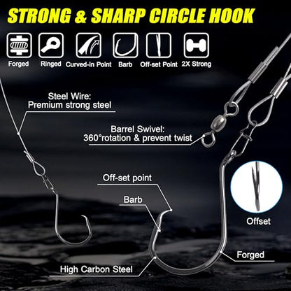 SILANON Pre-Rigged Carolina rig Saltwater Grouper Rig Egg Sinker Flounder Rigs with 10 Circle Hooks Steel Wire Leader for Catfish Snapper Flounder Halibut Redfish Surf Fishing Bottom Rig - size: Egg sinker Rig(6pcs)+Circle hooks(20pcs)