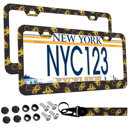 2-Pack Golden Honey Bee License Plate Frames for Women Man, 2 Holes Honey Bee Gold Bumblebee Aluminum License Plate Holder, Bee Themed License Plate Cover fits Vehicles with Keychain Wrist Lanyard - color: Golden Honey Bee, size: 2PCS