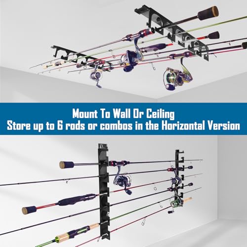 Aventik Horizontal Fishing Rod Holder for Garage Wall or Ceiling Mounted Fishing Pole Holder Holds 6 Rods or Combos, Fishing Rod Rack for Wall, Fishing Rod Storage Organizer (Black) - style: Black
