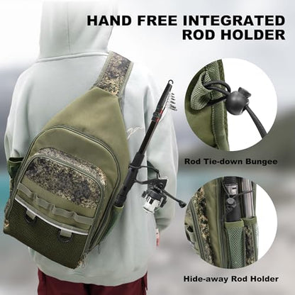 MYDAYS Fishing Sling Tackle Storage Bag, Lightweight Outdoor Sling Tackle Backpack for Fishing Gear and Equipment (Green Camo)