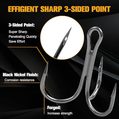 50 Pack Fishing Treble Hooks Kit High Carbon Steel Fish Hook Strong Sharp Round Bend Split Rings for Lures Baits Saltwater Freshwater Fishing Size 1/0 2 4 6 8 10 - color: Black, size: 2# - 50pcs