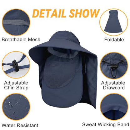 Sun Hats for Men Women Detachable Face Cover Wide Brim Fishing Hats with Neck Flap UPF 50+ Outdoor Safari Hats - color: Navy Blue