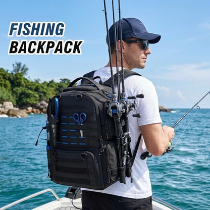 Fishing Tackle Backpack with Tackle Boxes, Two Rod Holders, Bottle Holder, 50L Waterproof Tackle Bag for Fishing Gear, Fish Gifts for Men, Black (4 Tackle Boxes Included - color: Black（4 Tackle Boxes Included）