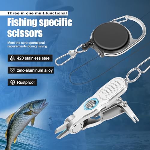 3-in-1 Fishing Line Cutter, Fly Fishing Nippers Knot Tying Tool with Retractors for Nylon and Braided Lines, Stainless Steel Braided Line Scissors Clippers for Mono and Fluoro Lines(Silver)