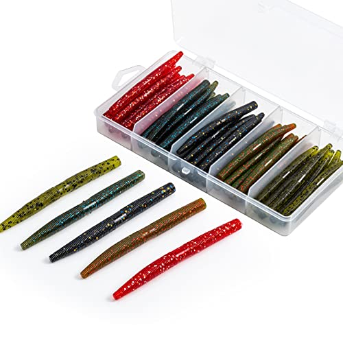 Goture Wacky Worm Fishing Lure Kit with Soft Plastics, Wacky Rig Tools, O-Rings, Worm & Drop Shot Hooks, Beads, Weights & Tackle Box - color: C-50pcs 3" Wacky Worms &10pcs Hooks with Box
