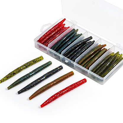 Goture Wacky Worm Fishing Lure Kit with Soft Plastics, Wacky Rig Tools, O-Rings, Worm & Drop Shot Hooks, Beads, Weights & Tackle Box - color: C-50pcs 3" Wacky Worms &10pcs Hooks with Box