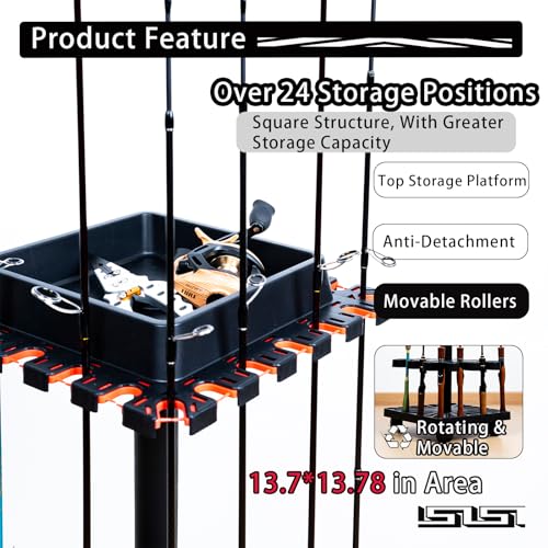Freestanding Rotating Fishing Rod Rack – No-Drill Lure Rod Stand, Home Display Organizer, Tool-Free Assembly, Holds up to 24 Rods, (With Rolling Wheels)