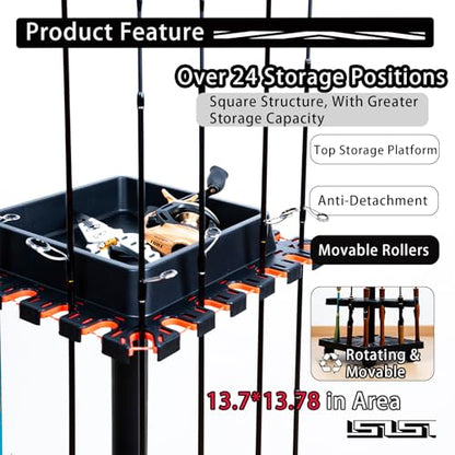 Freestanding Rotating Fishing Rod Rack – No-Drill Lure Rod Stand, Home Display Organizer, Tool-Free Assembly, Holds up to 24 Rods, (With Rolling Wheels)