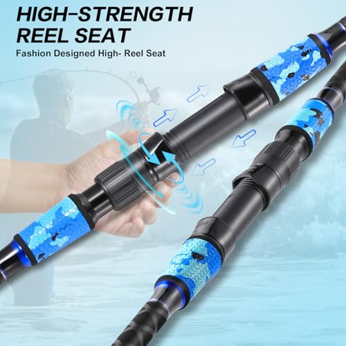 Sougayilang Surf Fishing Rod Portable Travel MH/H Surf Spinning Rod 4 Piece Carbon Fiber Saltwater Fishing Rod 10'/11'/12'/15' - color: blue, size: 15ft-Spinning-4Pc-H
