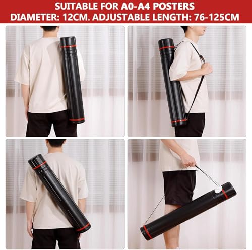 DEWEL Post Tube Expands from 30”to 51”, Waterproof Blueprint Holder Telescoping Art Tube, Large Plastic Black Fishing Rods Case Storage Tube, Light Resistant Drawing Tube with Strap (XL Size) - color: Black (Striped), size: X-Large