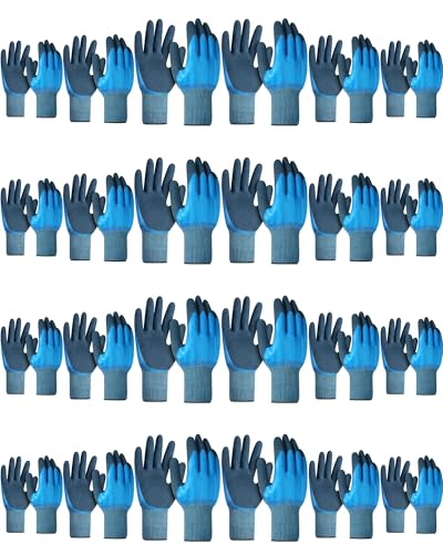 Mimorou 24 Pairs Waterproof Work Gloves Bulk for Men and Women Double Rubber Coated Non-slip Working Gloves for Gardening Outdoor Construction, Blue and Grey, XL