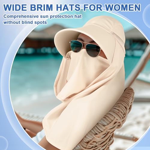 Skicuff 1/3 Pcs Women Sun Hat with Neck Flap Face Cover UPF 50+ UV Protection Wide Brim Visor Fishing Hat for Outdoor Hiking - color: Beige