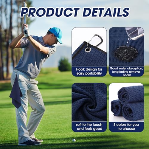 Batiyeer 12 Pcs Golf Towel Bulk for Golf Bags Microfiber Fabric Towel with Clip Waffle Pattern, Fitness, Camping, Hiking, Yoga - color: Navy Blue