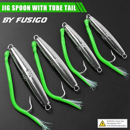 Diamond Jigs Saltwater Fishing Lures, 2Pack Casting Jigging Spoon with Tube Tail Striped Bass Metal Jig Spoons Deep Sea Offshore Surf Fishing 1oz-4oz - size: 5 Ounce, style: Green Tube, 2pack