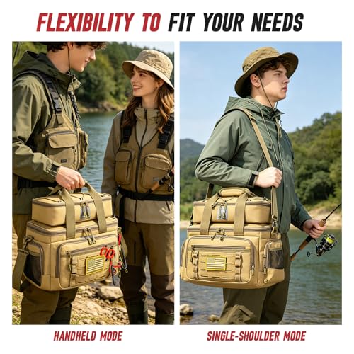 Fishing Tackle Bag, Equipped With 4 Tackle Boxes and Detachable Reel Storage Pouch, Waterproof Fishing Gear Organizer, Adjustable Shoulder Strap Fishing Bags for Saltwater & Freshwater - color: Solid khaki-4 Tackle Boxes