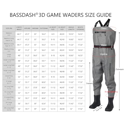 BASSDASH 3D Boot Foot Game Wader Ultra High Strength Nylon PVC Fishing Hunting Chest Waders for Men - color: Heather Grey