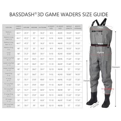 BASSDASH 3D Boot Foot Game Wader Ultra High Strength Nylon PVC Fishing Hunting Chest Waders for Men - color: Heather Grey