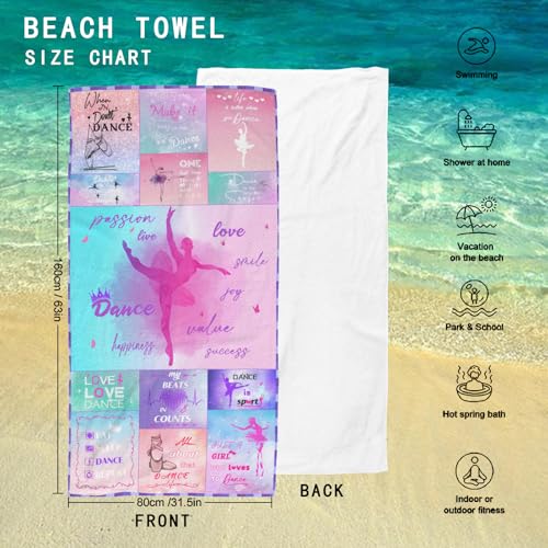 Dance Gift for Teacher, Ballerina Gift, Microfiber Dancing Beach Towel 63" x 31.5" for Women, Girls - Bath, Pool, Shower, Camping, Travel - color: Dance Towel