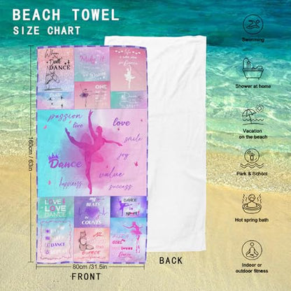 Dance Gift for Teacher, Ballerina Gift, Microfiber Dancing Beach Towel 63" x 31.5" for Women, Girls - Bath, Pool, Shower, Camping, Travel - color: Dance Towel