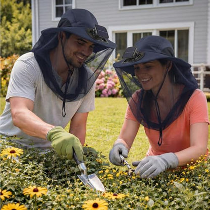 Suhine Mosquito Net Hat with Fan Built in Wide Brim Fan Solar Hat with Netting and Neck Flap for Men Women Outdoor Fishing - color: Navy Blue