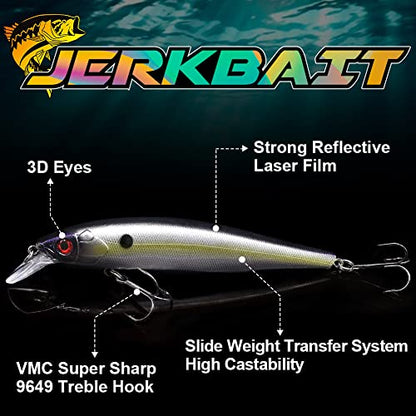 XFISHMAN Jerkbait Kit - Minnow Lure - Suspending - Bass, Smallmouth Bass, Walleye, Largemouth Bass - 1 Piece - color: Sexy-Shad, size: 110mm（4-3/8"in）