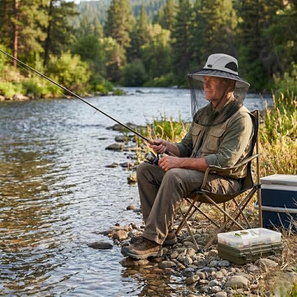 Mosquito Fishing Safari Mesh Net Hat with Neck Flap, Sun Protection Women Men Bug Cap, Hidden Netting Boonie - color: Light Gray Black