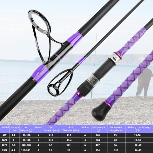 Surf Rod Saltwater 9ft- 4-Piece Carbon Fiber Surf Fishing Rods, Portable Travel Surf Spinning Rod with 20-40lb Power Green Blue - color: Purple, size: 10FT Surf Rod