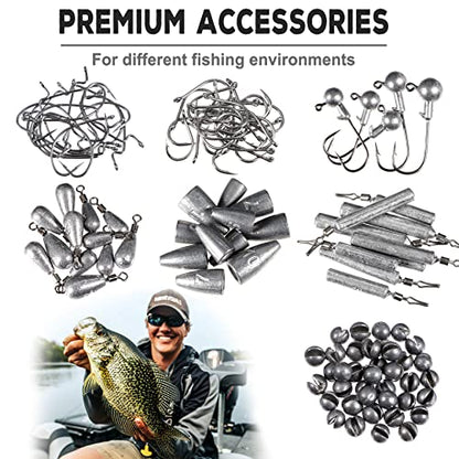 PLUSINNO 253/387pcs Fishing Gear Accessories Kit, Fishing Tackle Box with Tackle Included, Fishing Hooks, Fishing Weights Sinkers, Spinner Blade, Fishing Equipment for Bass Trout Bluegill Crappie - color: 387pcs Fishing Accessories Kit