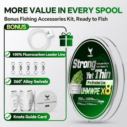Ultra-Thin 20LB 8-Strand Braided Fishing Line 0.18mm with Knots Guide Card, Stronger than 4-Strand PE Line, Smooth as Silk & Longer Casting, Ideal for Bass Trout Fishing in Freshwater/Saltwater - color: Green, size: 20LB 110YDS